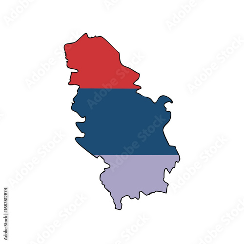Map of Serbia outlined and filled with national flag colors red blue and purple