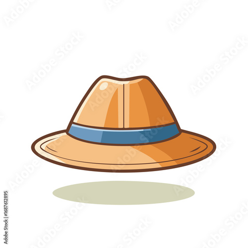 Illustration of a classic fedora hat with a blue band, stylized design, travel gear