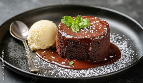 Delicious Chocolate Lava Cake Served With Vanilla Ice Cream on a Black Plate
