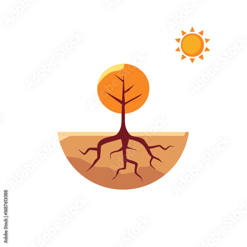 Tree with deep roots absorbs sunlight in dry cracked earth a symbol of resilience and growth
