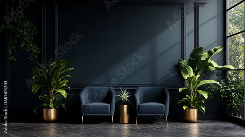 Beautiful Apartment, Sofa, Chair, Dining Table wall Mockup Interior design of modern living room