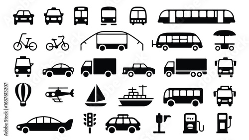 Transportation Icons Set in Black and White for Design and Pictogram Illustration Vector