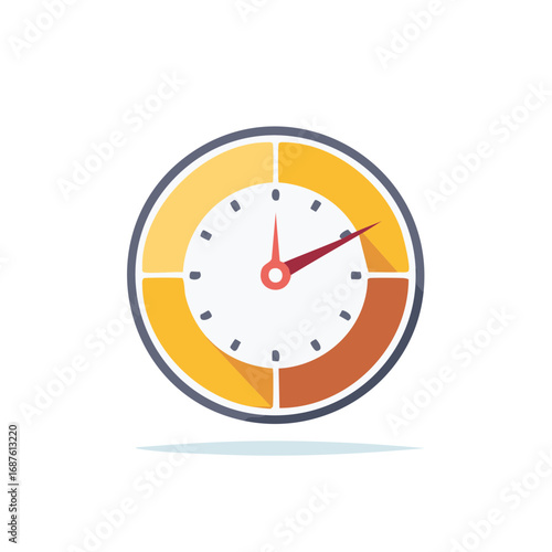 A colorful clock with time intervals graphic, measuring progress or tracking time for project management and scheduling applications.