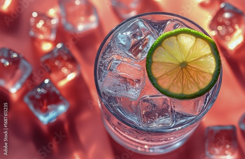 Refreshing Beverage With Lime and Ice on a Pink Background During a Summer Ga...