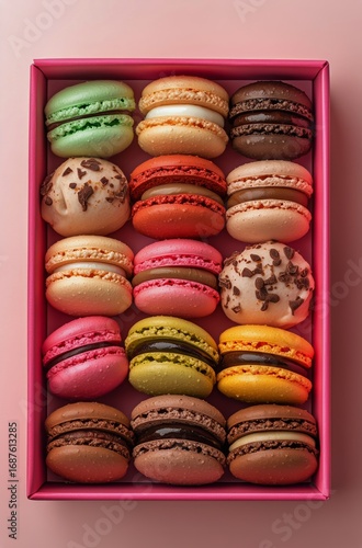 Colorful Assortment of Macarons Arranged Neatly in a Pink Box for a Delightfu...