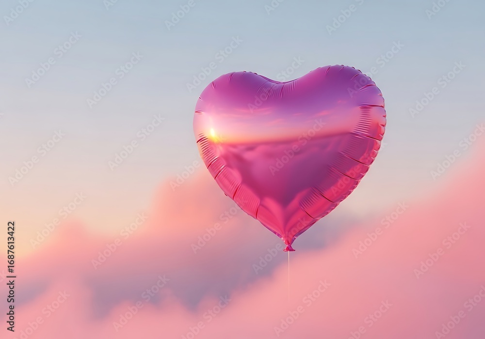 Fototapeta premium A large, heart-shaped pink balloon floats serenely against a soft, pastel sunset sky.