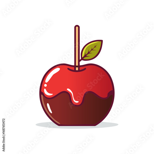 Sweet Chocolate Dipped Apple on a Stick with Green Leaf and Shadow