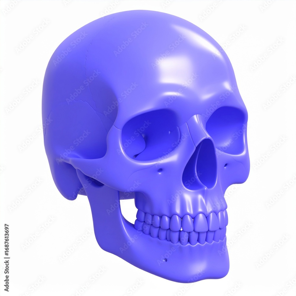 Fototapeta premium Detailed 3D Model of Human Skull in Blue on White Background Studio Lighting