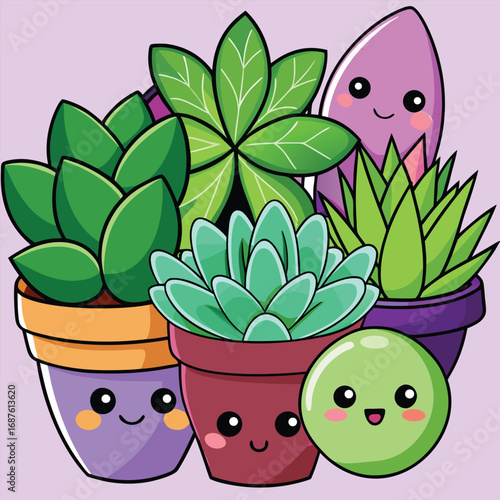 Kawaii cartoon succulents in colorful pots with faces