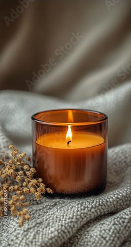 Warmly Glowing Candle With Dried Flowers on Soft Fabric Creates a Cozy Ambiance