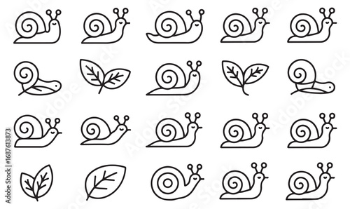 Snail and leaf icon collection featuring simple cartoon line art animals, spiral shells, and nature doodle elements.