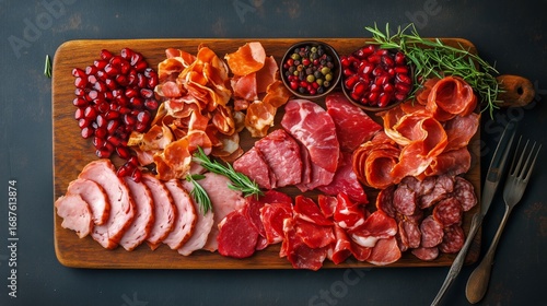 Charcuterie Board Featuring a Variety of Cured Meats and Garnishes for a Fest...