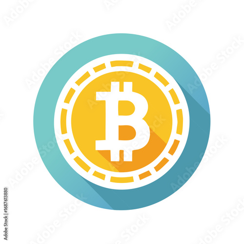 Modern flat design Bitcoin coin icon with a long shadow representing cryptocurrency and blockchain technology.