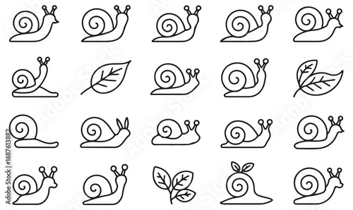 Minimal snail outline icons with spiral shells, leaves, and crawling garden mollusks in linear doodle style for decorative nature designs.