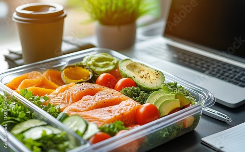 Healthy Meal Prep With Salmon, Vegetables, and a Laptop on a Desk