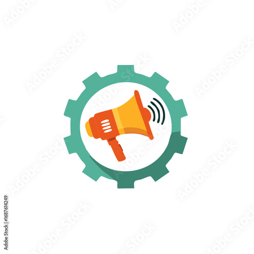 Megaphone icon inside green gear wheel design