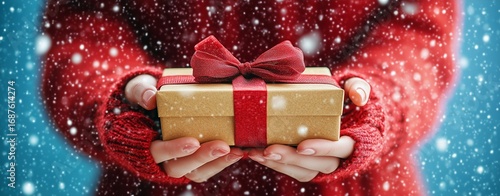 Winter Celebration With Gift Wrapped in Red Ribbon Held in Hands During Snowf...