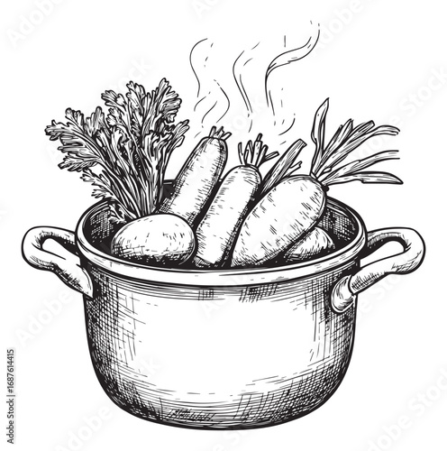 Hand Drawn Pot with Steaming Vegetables Sketch Illustration. Cooking Pot with Fresh Vegetables Vector Illustration.