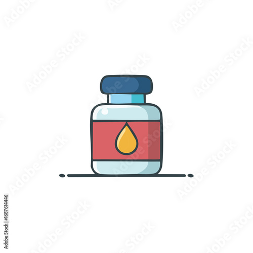Simple cartoon medical vial with a golden drop symbol vector icon illustration for medicine or vaccine