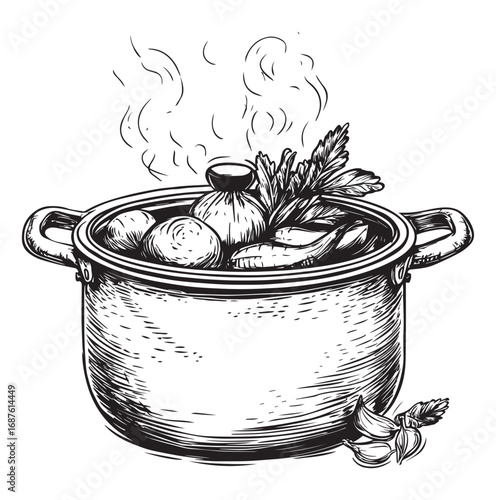Hand Drawn Pot with Steaming Vegetables Sketch Illustration. Cooking Pot with Fresh Vegetables Vector Illustration.