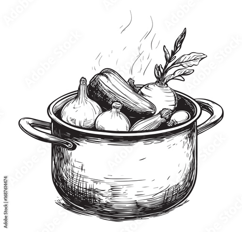 Hand Drawn Pot with Steaming Vegetables Sketch Illustration. Cooking Pot with Fresh Vegetables Vector Illustration.