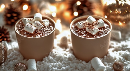 Cozy Hot Chocolate Cups With Marshmallows During Winter Festivities in a Warm...
