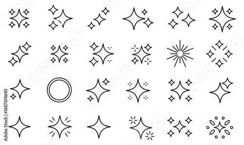 Minimal abstract glowing elements pack featuring sparkle clusters, radiant bursts, and celestial decorative star icons.