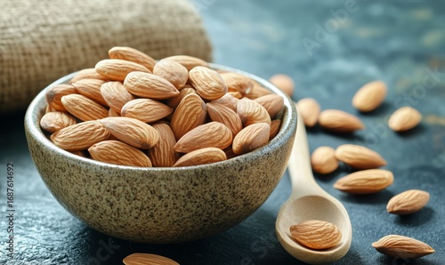 Almonds in a Wooden Bowl Surrounded by Scattered Nuts on a Dark Surface.