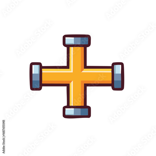 Cartoon Illustration of a Yellow Pipe Fitting Cross Shape Connector