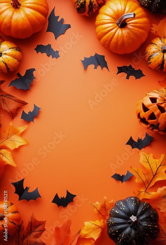 Vibrant Halloween Decorations With Pumpkins and Bats on Orange Background