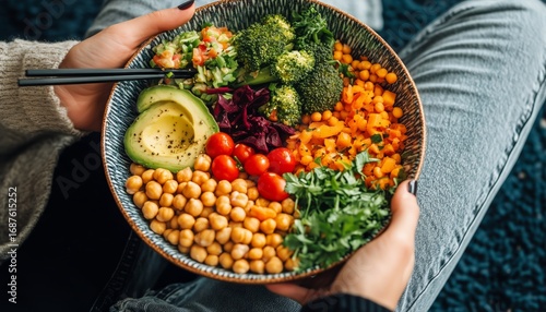 Colorful Vegan Salad Bowl With Avocado and Fresh Vegetables on a Cozy Background
