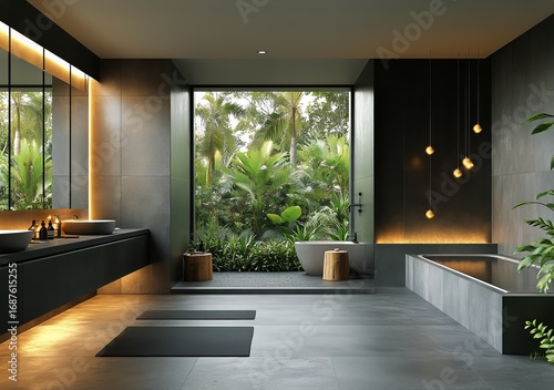 Modern Bathroom Design With Tropical Greenery View During Daylight.