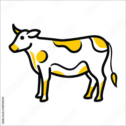 Simple line drawing of a cow with yellow spots.