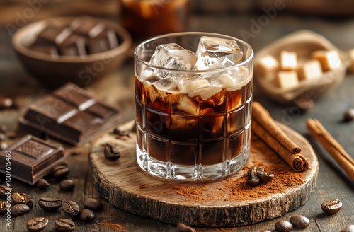 Delicious Iced Coffee With Cream and Chocolate on a Wooden Serving Board at M...