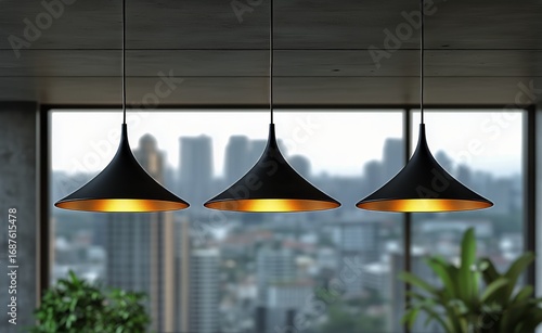 Elegant Black Cone Pendant Lights Illuminating a Modern Interior With City View.