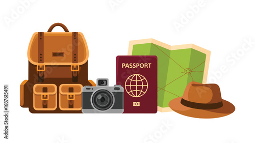 Travel essentials including backpack camera passport map and hat depicting adventure and exploration for tourism and vacations