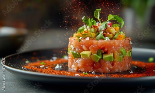 Exquisite Culinary Creation Featuring Fresh Tuna, Avocado, and Colorful Garni...