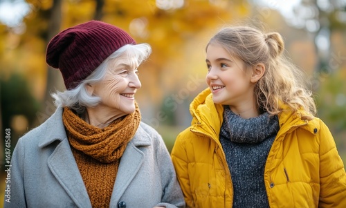 Enjoying a Sunny Autumn Day, a Grandmother and Granddaughter Share Smiles in ...