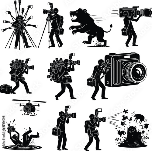 Wildlife Photographer Vector Silhouettes – Funny Camera Scenes with Animals, Danger, Chaos, Drones, Big Cameras, and Multiple Lenses