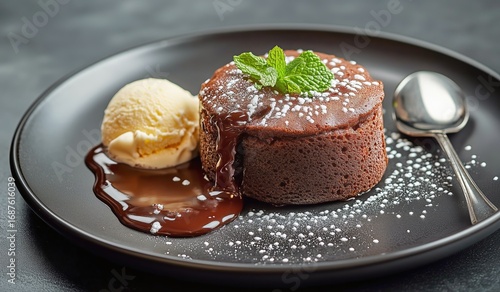 Delicious Molten Chocolate Cake Served With Vanilla Ice Cream and Mint Leaves...