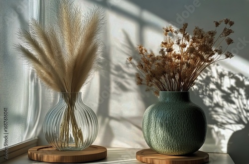 Elegant Vases Filled With Dried Flowers Casting Shadows in Soft Sunlight