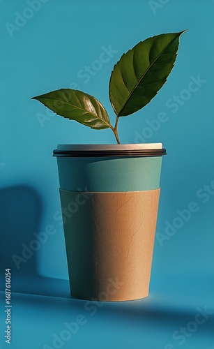 Coffee Cup With Fresh Green Leaves on a Vibrant Blue Background During Bright...