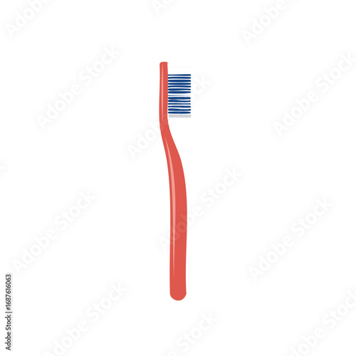 Red toothbrush with blue bristles for dental hygiene and oral care on a white background