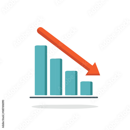 Bar chart with a declining arrow, representing decrease, business, finance, economic recession