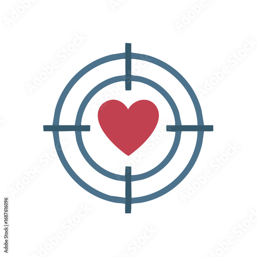 Target with red heart icon in crosshairs symbolizing love, passion, and dating goals