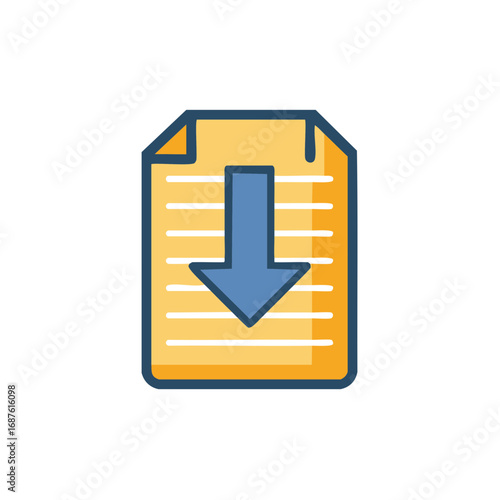 Document icon with a blue down arrow sign for download or data transfer