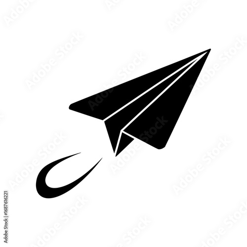 black and white silhouette of paper airplane flying in the air symbol