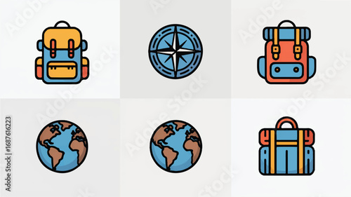 Travel icons depicting backpacks globe and compass illustrating adventure and exploration destinations to discover