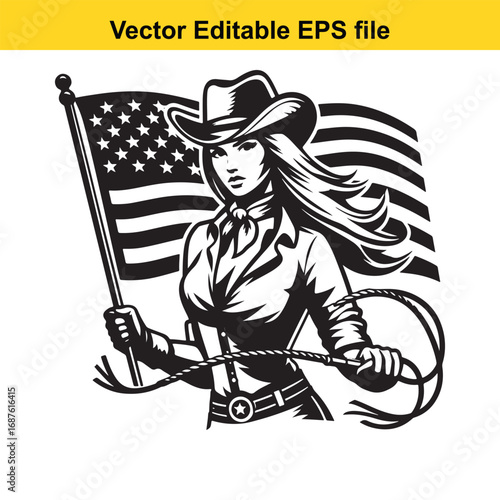  cowgirl holding american flag and whip isolated on white background