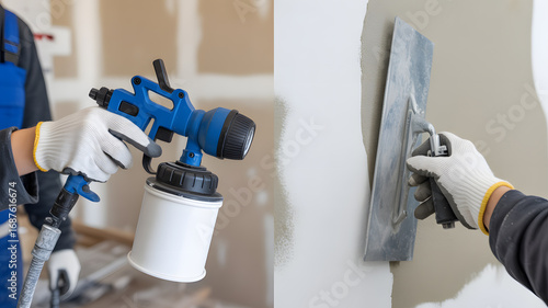 Skilled hands expertly spray paint and smooth walls, transforming spaces with professional finishing touches.